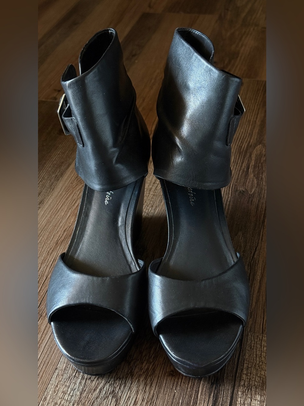 Pour La Victoire Black Open-Toe Ankle Cuff Heels